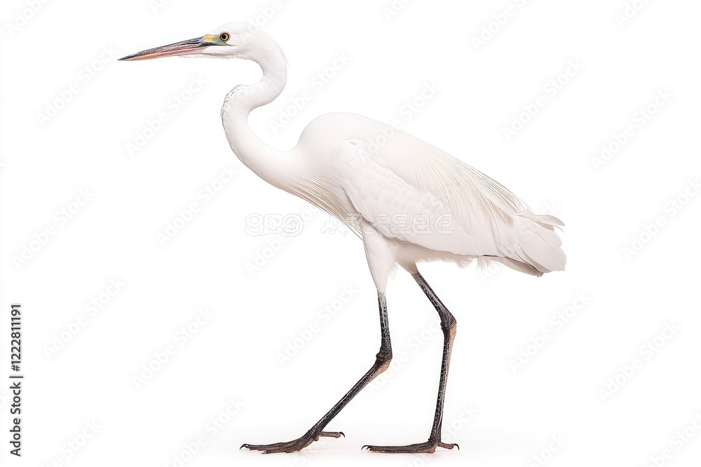 Fototapeta premium A graceful great egret stands elegantly on one leg against a white background, showcasing its beauty