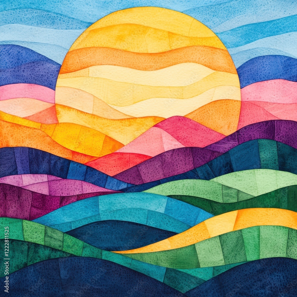 Fototapeta premium Vibrant Watercolor Sunset Landscape Abstract Hills and Sun Art Print