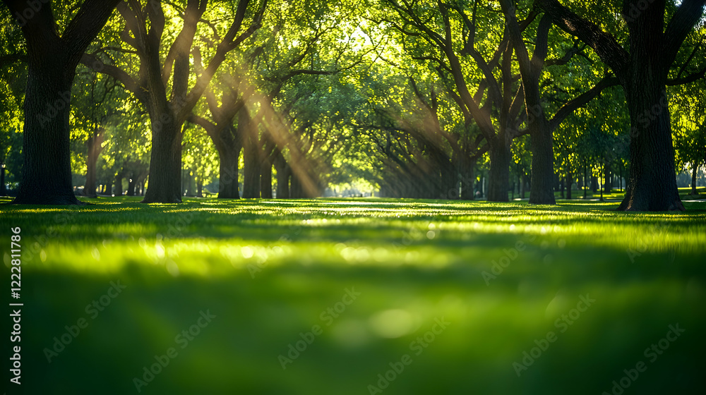 Sunlit park path, green grass, trees, peaceful morning Sunlit park path, green grass, trees, peaceful morning