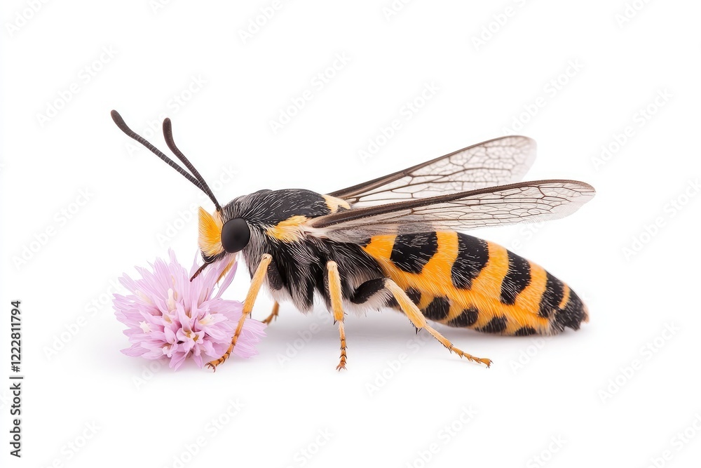 Close-up of a vibrant bee perched on a delicate pink flower against a white background, showcasing nature's beauty Close-up of a vibrant bee perched on a delicate pink flower against a white background, showcasing nature's beauty