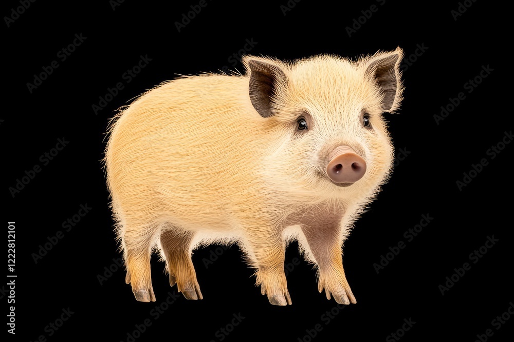 Cute small piglet standing against a black background, showcasing its fluffy fur and adorable features Cute small piglet standing against a black background, showcasing its fluffy fur and adorable features