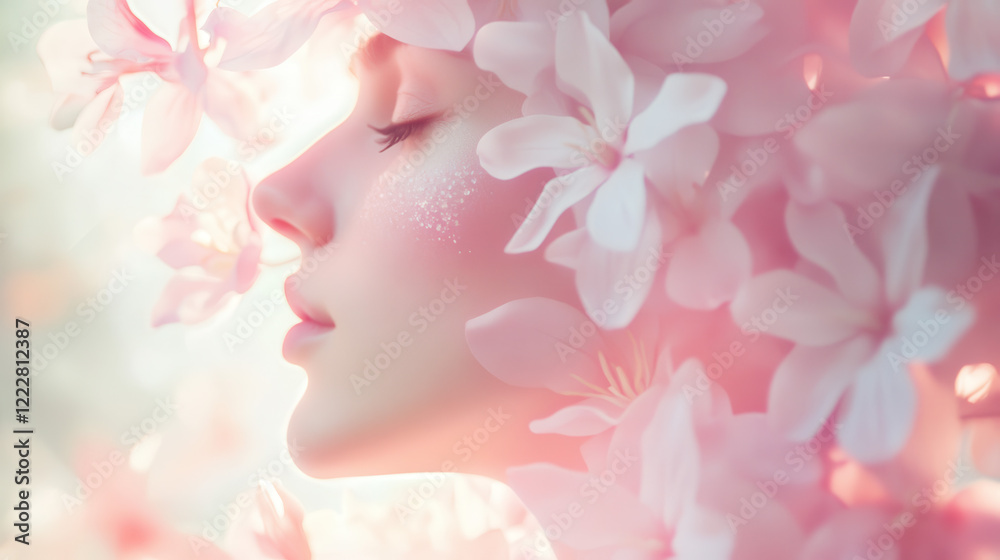 a woman's profile blending with the petals of a blooming flower, each petal delicately merging with her skin a woman's profile blending with the petals of a blooming flower, each petal delicately merging with her skin