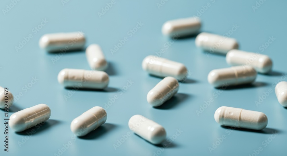 White capsules scattered on a blue background, representing health and wellness White capsules scattered on a blue background, representing health and wellness