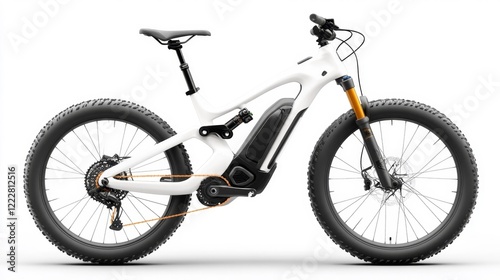 White electric mountain bike with fat tires and advanced suspension on a white background. Generative AI photo