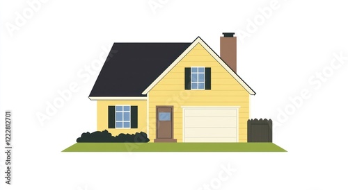 A simple illustration of a yellow house with a black roof and a garage.