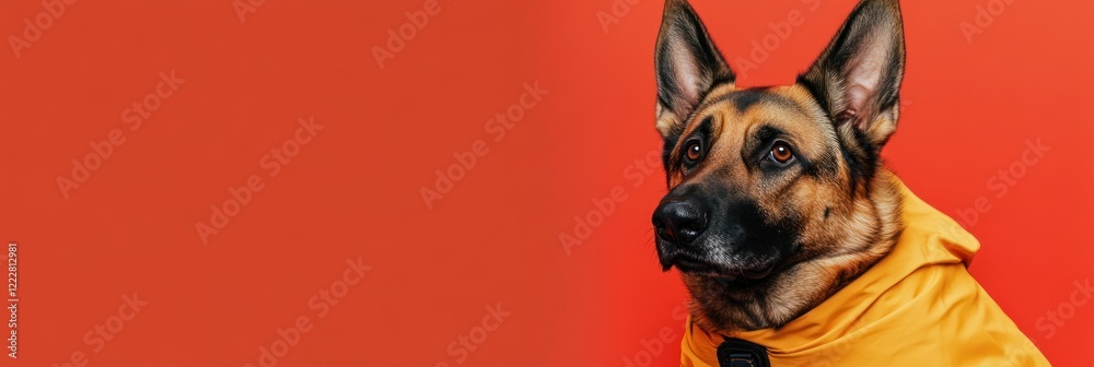 Obraz premium A dog wearing a yellow raincoat against a vibrant red background.