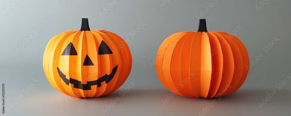 Two paper pumpkins with jack-o'-lantern design on gray background Two paper pumpkins with jack-o'-lantern design on gray background
