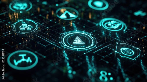 A digital interface displaying various icons and symbols in a futuristic, high-tech style.