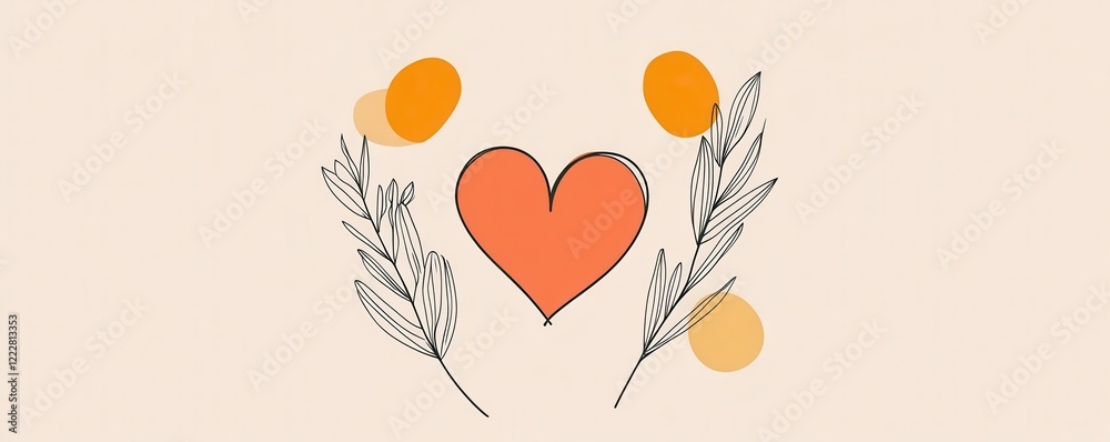 Heart and leafy branches illustration with orange accents Heart and leafy branches illustration with orange accents