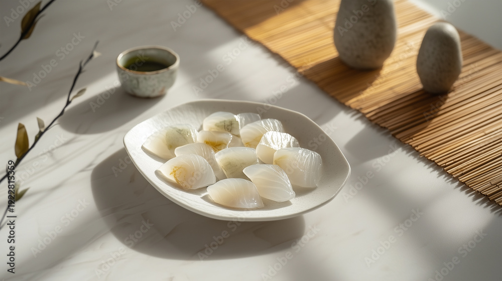 和風の美が際立つモダンな刺身の盛り付けと食卓風景 和風の美が際立つモダンな刺身の盛り付けと食卓風景
