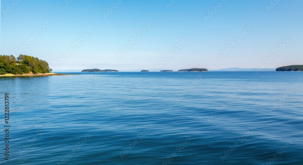 Serene view of calm blue waters and distant islands under a clear sky Serene view of calm blue waters and distant islands under a clear sky