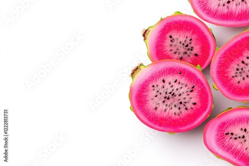 Vibrant pink dragon fruit halves arranged artistically on a clean white background, showcasing their unique texture photo