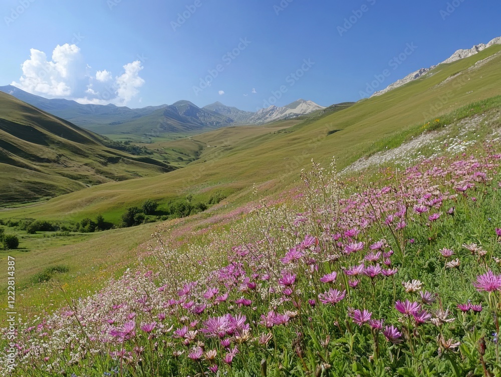 Vivid wildflowers bloom across a grassy mountain valley under a clear blue sky Vivid wildflowers bloom across a grassy mountain valley under a clear blue sky