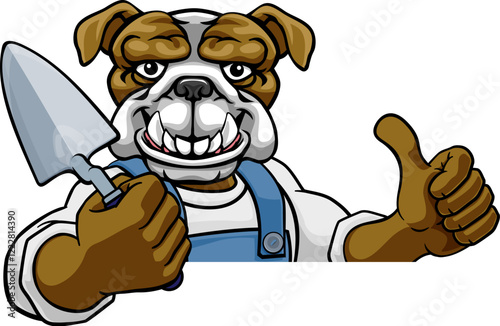 A bulldog bricklayer builder construction worker mascot cartoon character holding a trowel tool and peeking around a sign giving a thumbs up