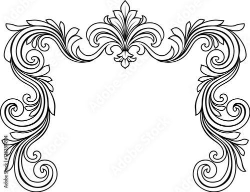 A filigree heraldic crest motif floral pattern border frame. Original design in a vintage style.