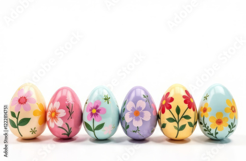 Colorful eggs with flower pattern, free space on top of image for text, white background