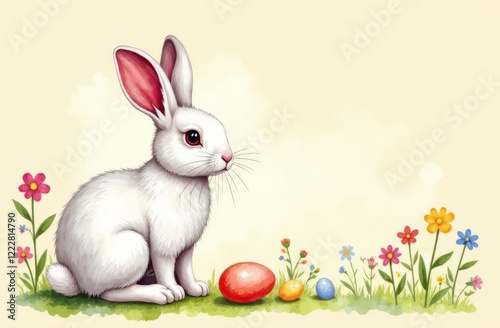 White rabbit and a few colorful eggs and summer flowers on pastel beige background, watercolor painting, free space for text