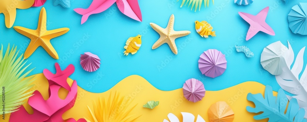 Fototapeta premium Vibrant paper craft ocean scene with starfish and fish decor