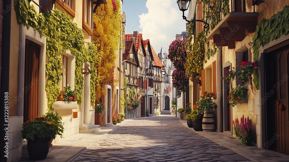 Obraz premium Charming European Street with Colorful Vines and Potted Plants under a Clear Sky