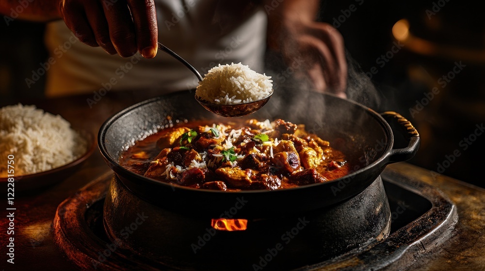 Fototapeta premium A chef serves rice over a steaming dish in a skillet, creating a delicious meal.