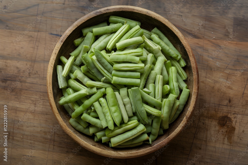 Freshly Cut Green Beans in a Wooden Bowl. Freshly Cut Green Beans in a Wooden Bowl.