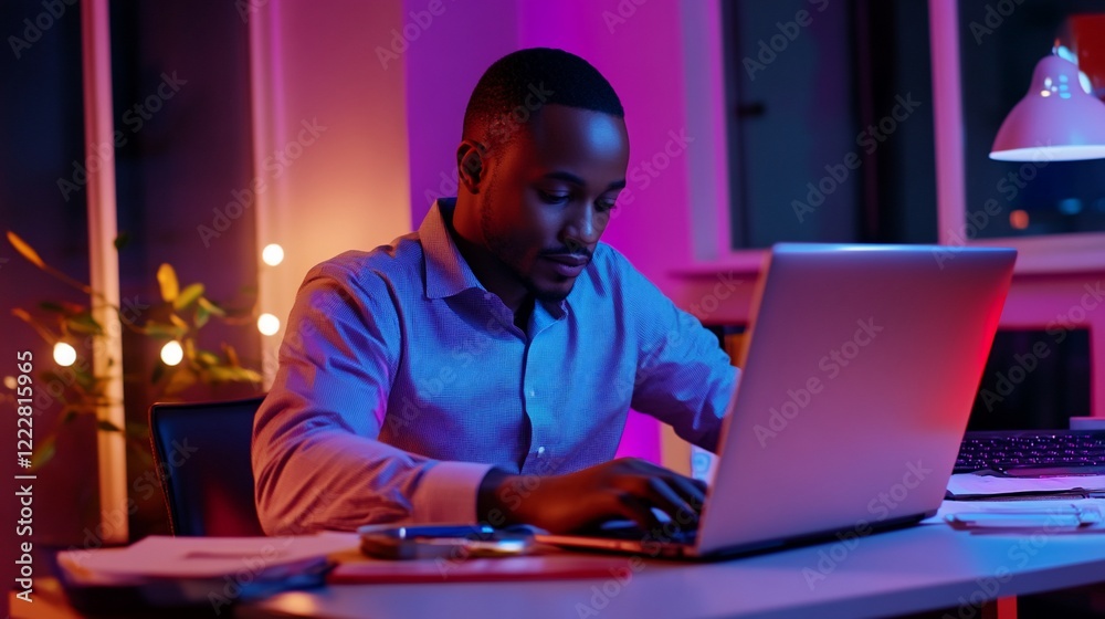 A person working on a laptop in a brightly lit environment at night with blue and pink lights A person working on a laptop in a brightly lit environment at night with blue and pink lights