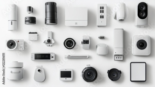 Collection of modern white camera equipment and accessories arranged neatly on a light background photo