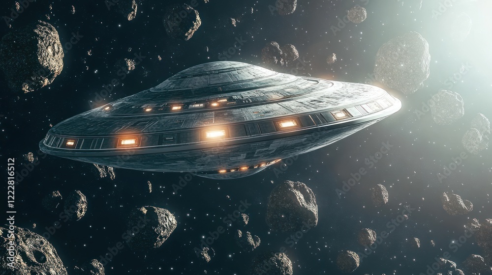 Obraz premium Spaceship Navigating An Asteroid Field In Space