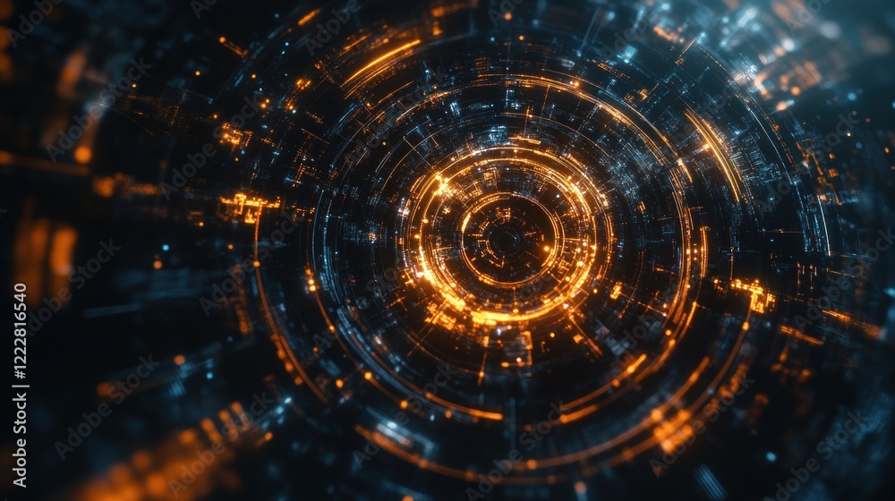 Fototapeta premium Abstract digital vortex with glowing orange and blue elements, representing technology and data flow.