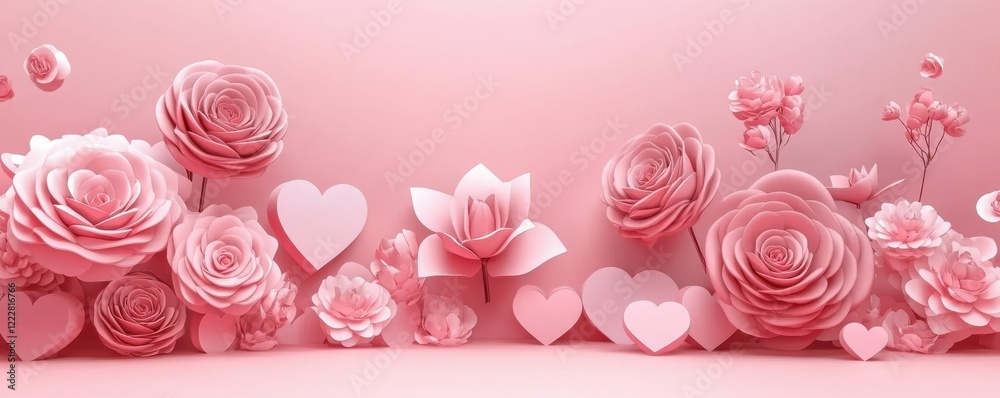 Obraz premium Romantic pink floral arrangement with hearts and roses in paper art style
