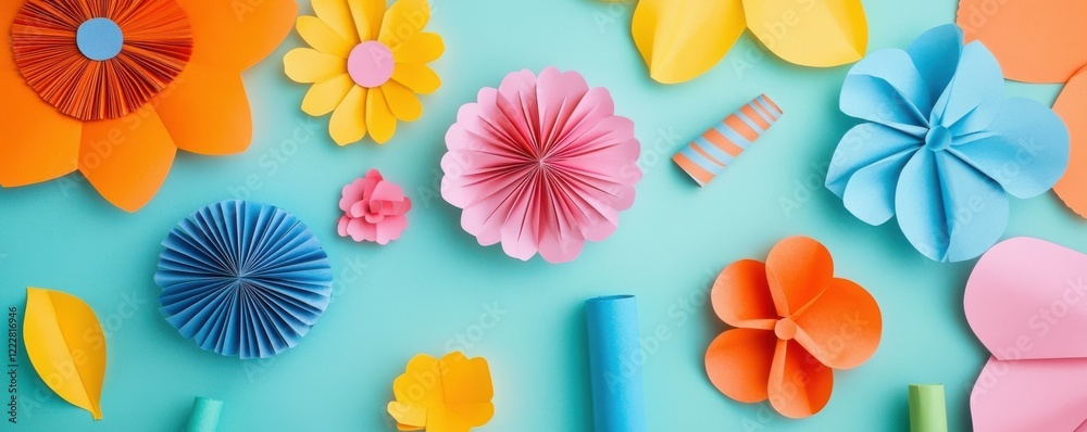 Fototapeta premium Colorful paper flowers on blue background