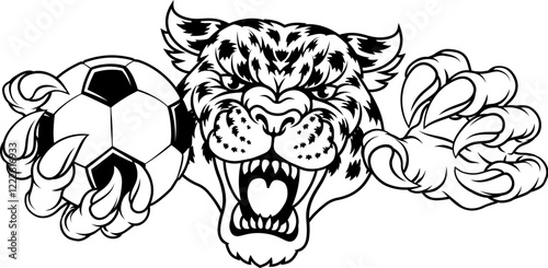 A jaguar, panther, leopard or cheetah wildcat spotted cat soccer football sports team mascot holding a ball