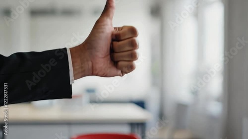 Thumbs Up: A close-up shot of a hand giving a thumbs up gesture, symbolizing approval, positivity, and encouragement in a professional setting.