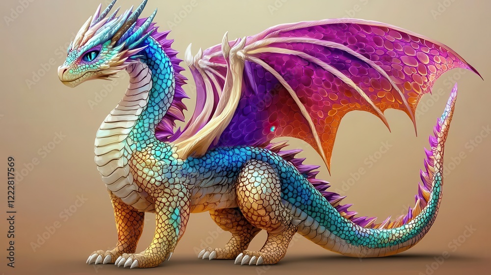 Fototapeta premium Colorful dragon with intricate scales fantasy theme cartoon drawing vivid