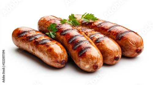 Grilled sausages with herbs and sauce on white background. Generative AI