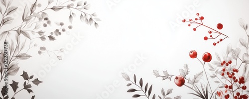 A decorative illustration featuring botanical elements in shades of gray and red on a light background.