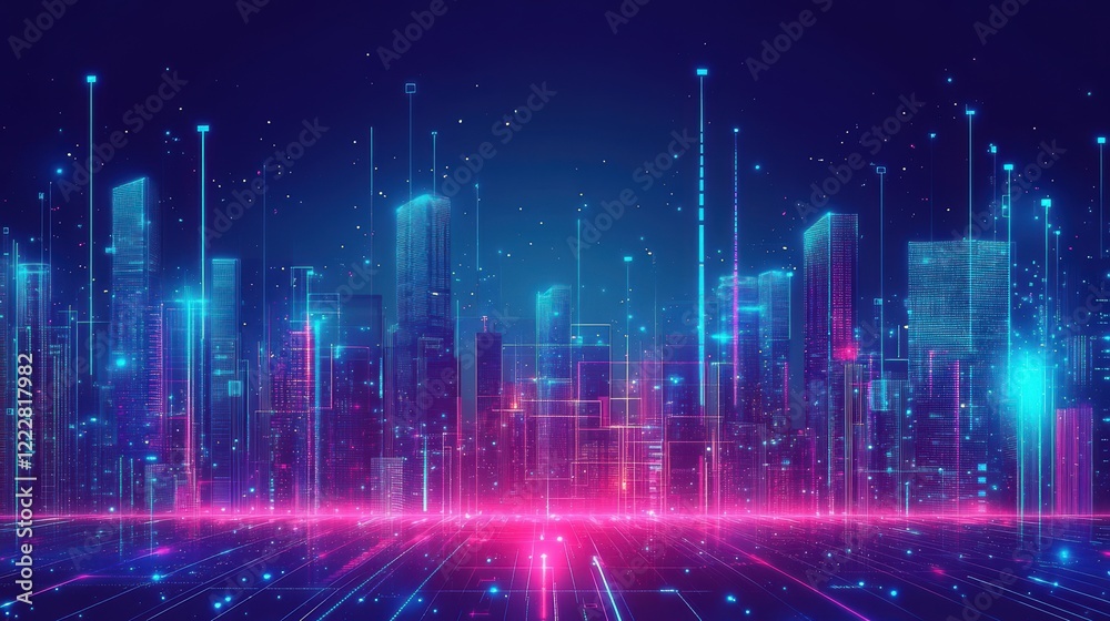cityscape with space and neon light effect. Modern hi-tech, science, futuristic technology concept. Abstract digital high tech city design for banner background cityscape with space and neon light effect. Modern hi-tech, science, futuristic technology concept. Abstract digital high tech city design for banner background
