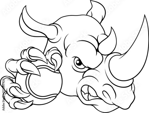 A Rhino Rhinoceros mean tough cartoon sports animal mascot holding a tennis ball