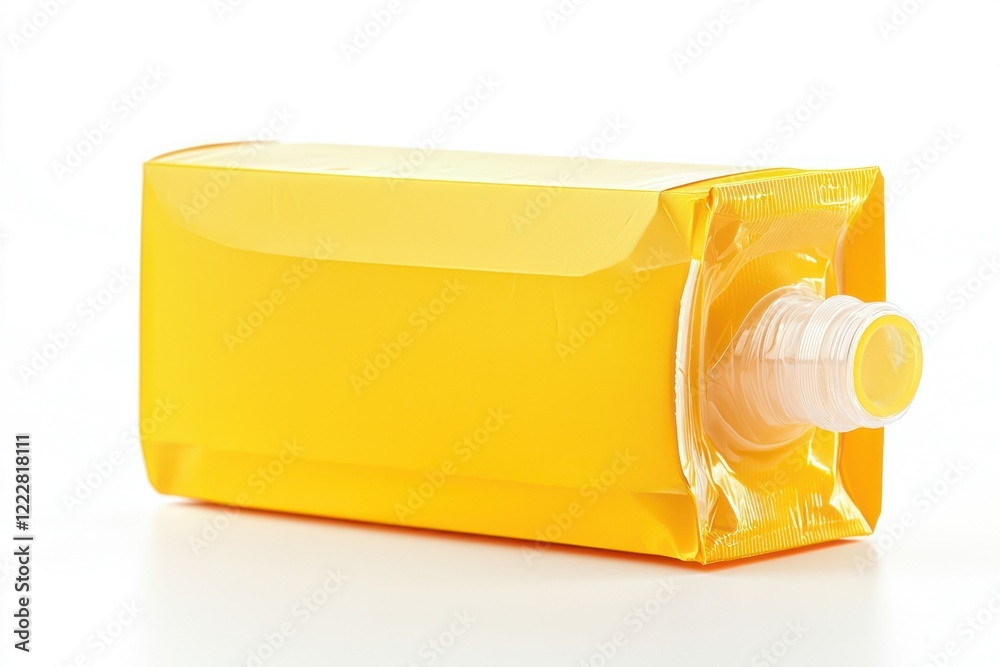 A yellow carton with a screw cap, likely for beverages or liquid products. A yellow carton with a screw cap, likely for beverages or liquid products.