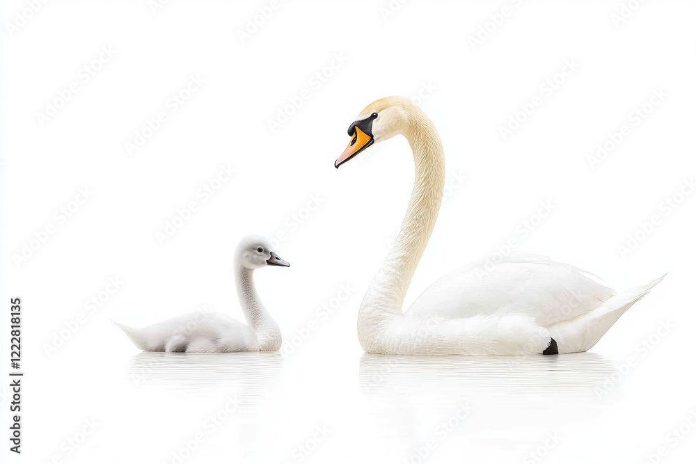 Elegant swan and cygnet swimming together in serene white background, showcasing family bond and tranquility Elegant swan and cygnet swimming together in serene white background, showcasing family bond and tranquility