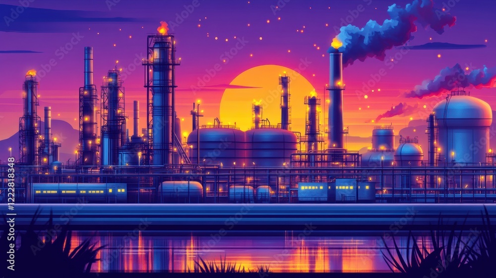 Fototapeta premium Industrial Refinery Sunset Landscape Silhouette