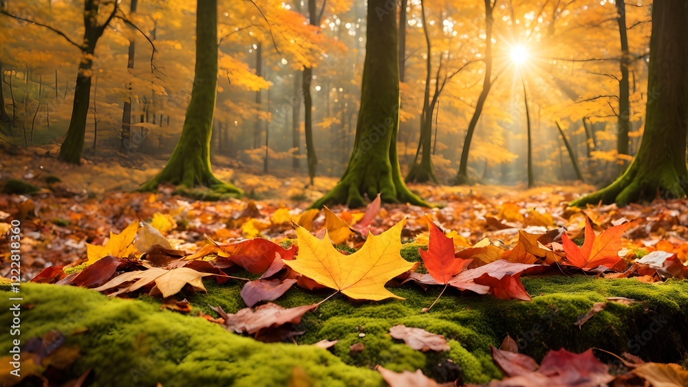 Sunlit autumn forest floor with vibrant fallen leaves on moss, showcasing golden hour light. Sunlit autumn forest floor with vibrant fallen leaves on moss, showcasing golden hour light.