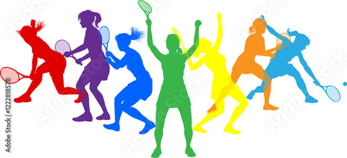 Silhouette tennis women female players set. Active sports people healthy players fitness silhouettes concept.