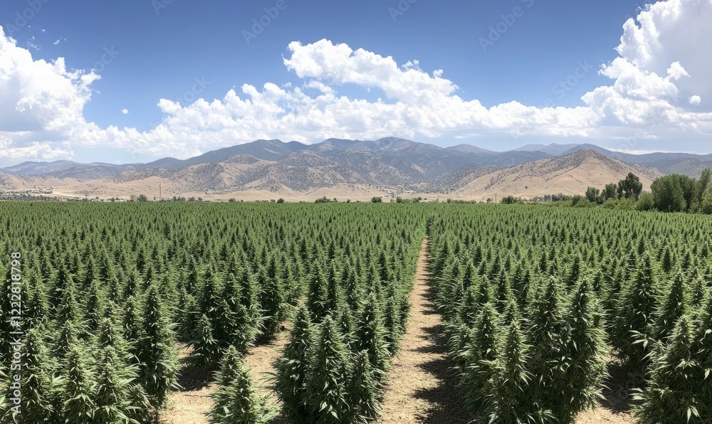 Green cannabis plants grow in a vast field under sunny skies