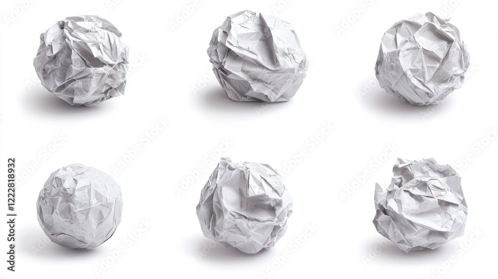 Fototapeta premium Six crumpled paper balls displayed on a white background.