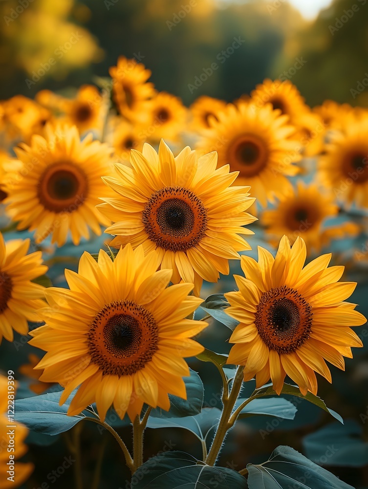 A background of golden sunflowers in full bloom under a bright sky.