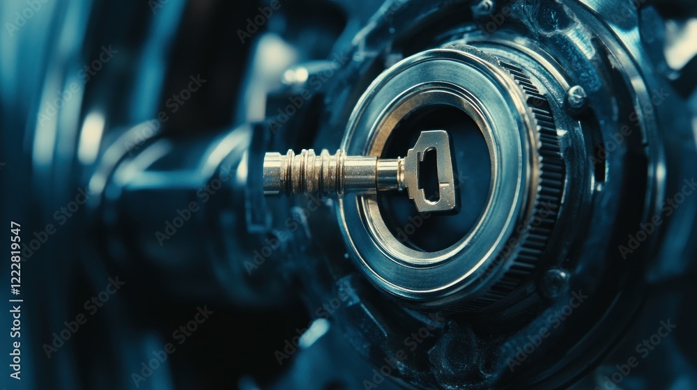 Golden Key Inside Complex Mechanical Gear System Golden Key Inside Complex Mechanical Gear System