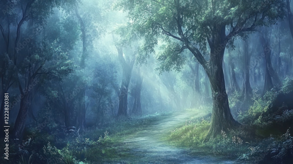 Fototapeta premium Mystical forest path winding through misty, sun-dappled trees.