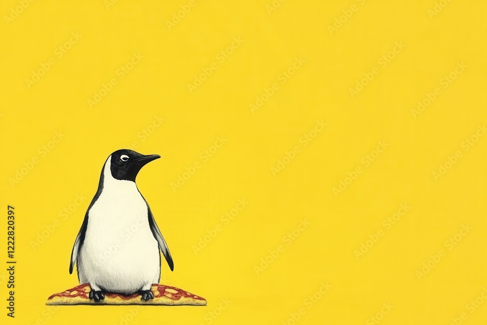 Obraz premium Penguin standing on pizza with yellow background