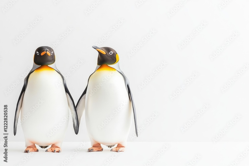 Fototapeta premium Two adorable penguin figurines standing side by side on a minimalist white background, perfect for decor
